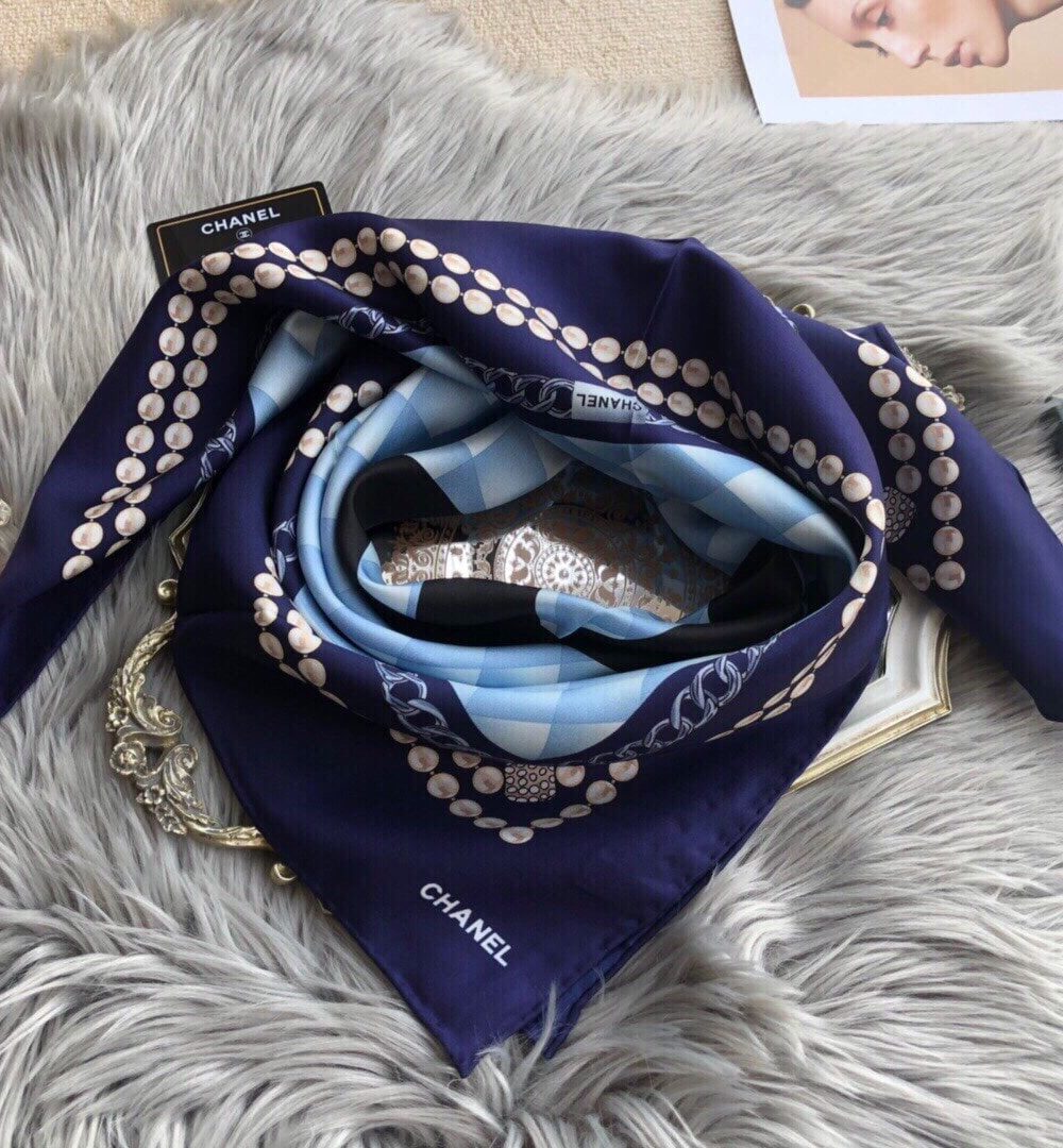 Chanel CC Pattern in Blue Black Border Square Scarf 110cm/43in 