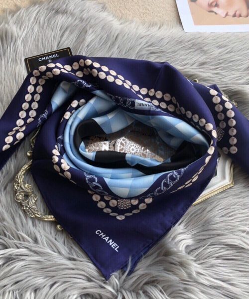 Chanel CC Pattern in Blue Black Border Square Scarf 110cm/43in 