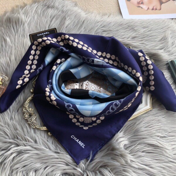 Chanel CC Pattern in Blue Black Border Square Scarf 110cm/43in