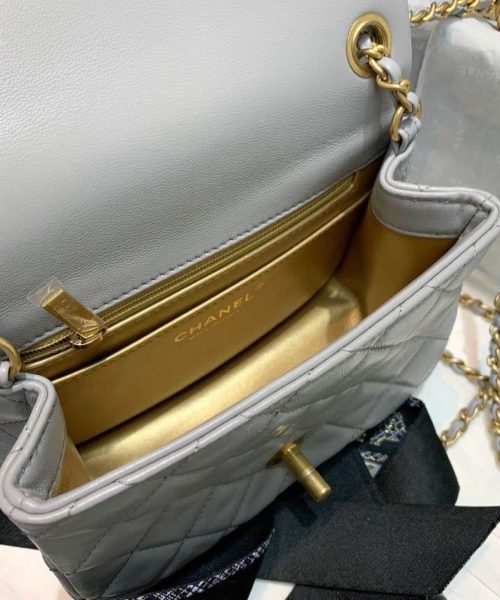[REP 1:1] Chanel Classic Flap With Charm Chain With CC Details On Strap Bag 17cm/7inch Gold Hardware Grey