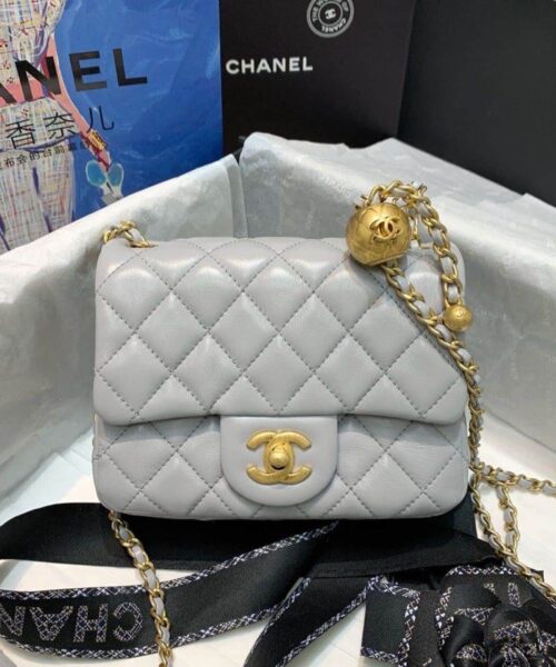 [REP 1:1] Chanel Classic Flap With Charm Chain With CC Details On Strap Bag 17cm/7inch Gold Hardware Grey