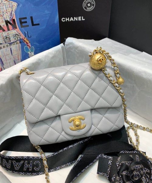 [REP 1:1] Chanel Classic Flap With Charm Chain With CC Details On Strap Bag 17cm/7inch Gold Hardware Grey