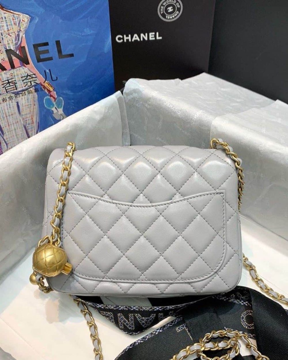 [REP 1:1] Chanel Classic Flap With Charm Chain With CC Details On Strap Bag 17cm/7inch Gold Hardware Grey