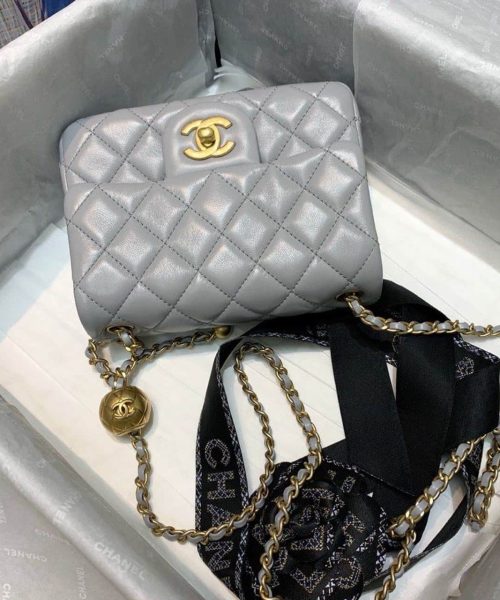 [REP 1:1] Chanel Classic Flap With Charm Chain With CC Details On Strap Bag 17cm/7inch Gold Hardware Grey