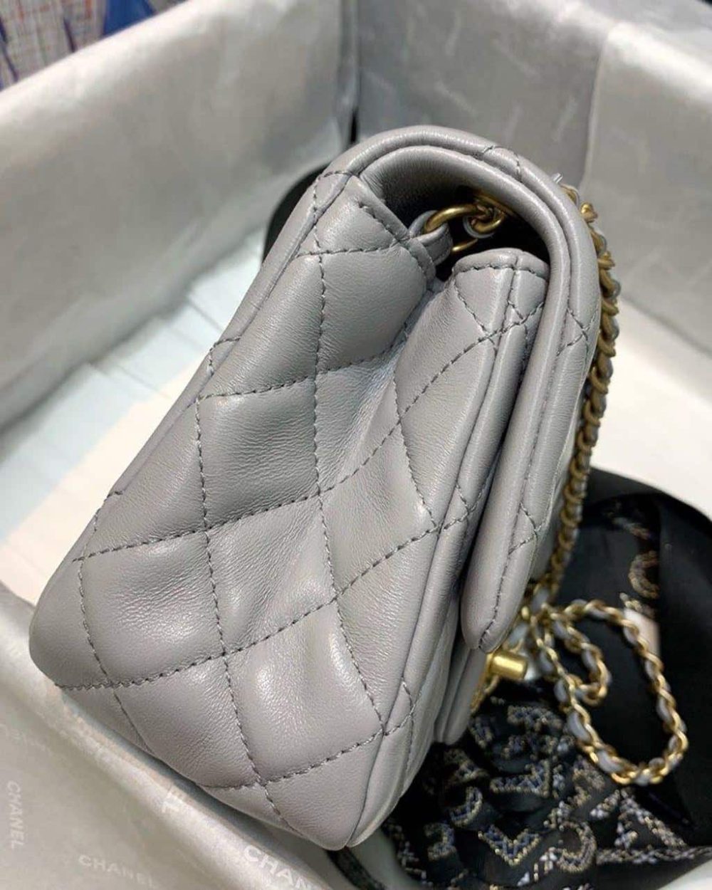 [REP 1:1] Chanel Classic Flap With Charm Chain With CC Details On Strap Bag 17cm/7inch Gold Hardware Grey