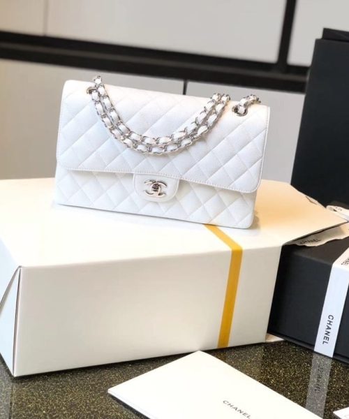 [REP 1:1] Chanel Classic Medium Flapbag Silver Hardware White 10in/25.5cm