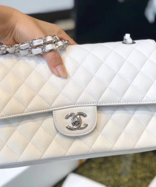 [REP 1:1] Chanel Classic Medium Flapbag Silver Hardware White 10in/25.5cm