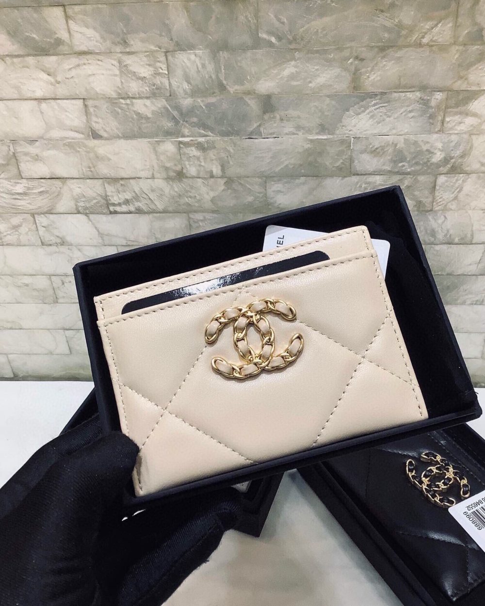 1:1 Replica Chanel CO-CO 19 Card Holder Wallet 11cm/4.3in Gold Toned Hardware For Women Beige