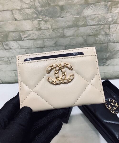Chanel CO-CO 19 Card Holder Wallet 11cm/4.3in Gold Toned Hardware For Women Beige