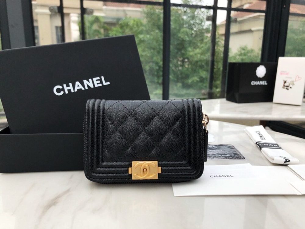 1:1 Replica Chanel CO-CO Boy Chanel Zipped Coin Purse 11cm/4.3in Gold Toned Hardware For Women Black