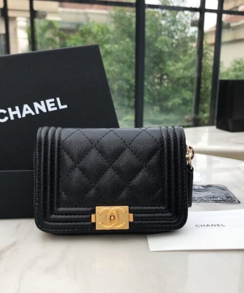 Chanel CO-CO Boy Chanel Zipped Coin Purse 11cm/4.3in Gold Toned Hardware For Women Black