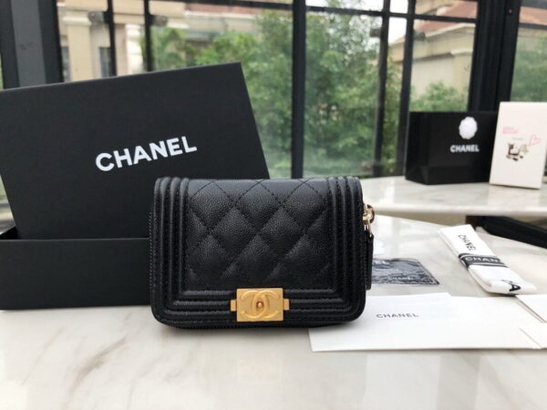 Chanel CO-CO Boy Chanel Zipped Coin Purse 11cm/4.3in Gold Toned Hardware For Women Black