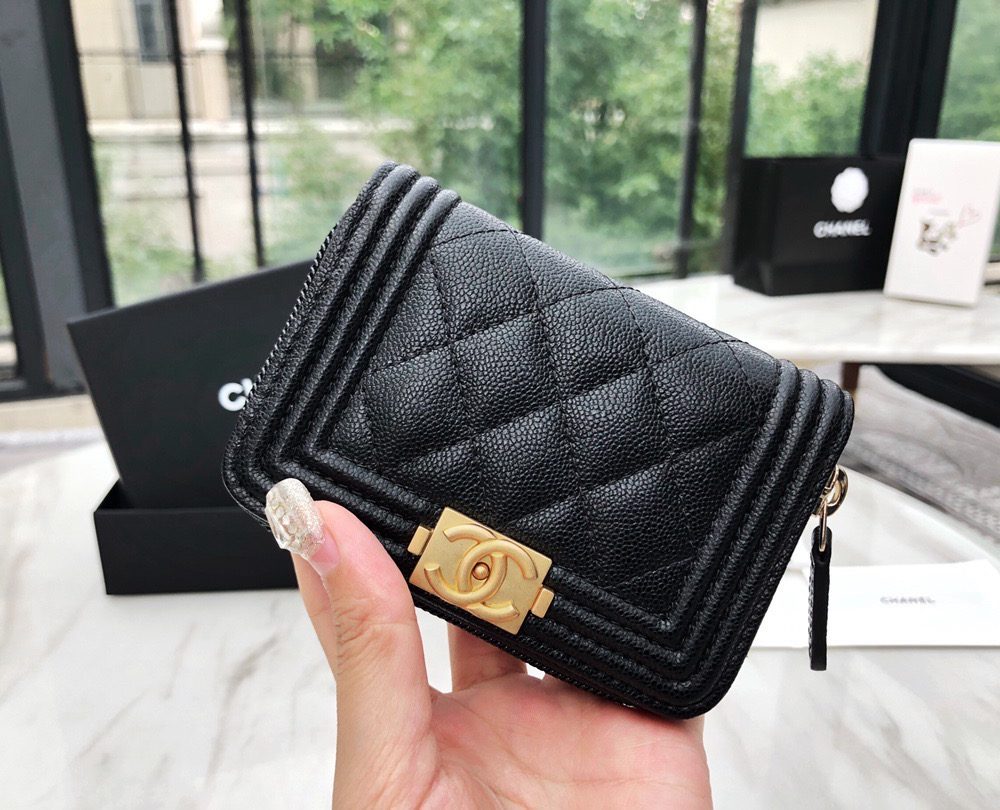 1:1 Replica Chanel CO-CO Boy Chanel Zipped Coin Purse 11cm/4.3in Gold Toned Hardware For Women Black