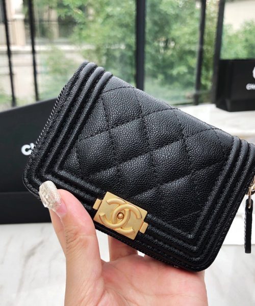1:1 Replica Chanel CO-CO Boy Chanel Zipped Coin Purse 11cm/4.3in Gold Toned Hardware For Women Black