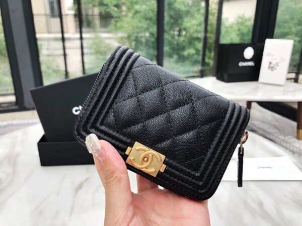 Chanel CO-CO Boy Chanel Zipped Coin Purse 11cm/4.3in Gold Toned Hardware For Women Black