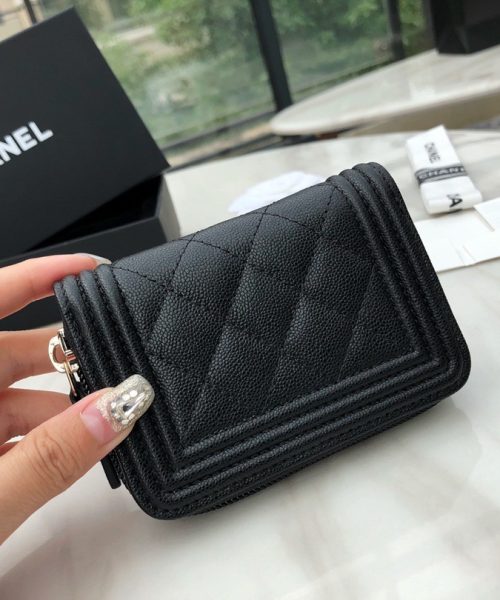 1:1 Replica Chanel CO-CO Boy Chanel Zipped Coin Purse 11cm/4.3in Gold Toned Hardware For Women Black