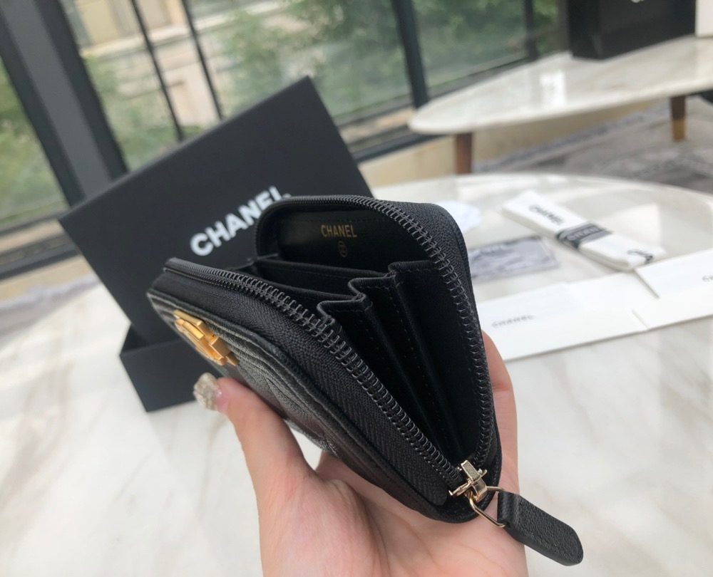 1:1 Replica Chanel CO-CO Boy Chanel Zipped Coin Purse 11cm/4.3in Gold Toned Hardware For Women Black