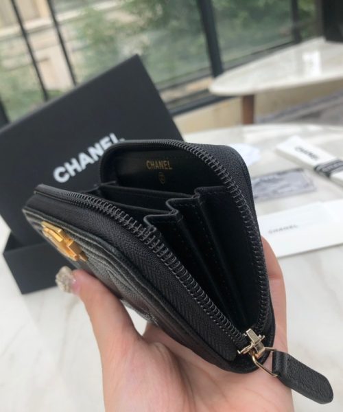 1:1 Replica Chanel CO-CO Boy Chanel Zipped Coin Purse 11cm/4.3in Gold Toned Hardware For Women Black