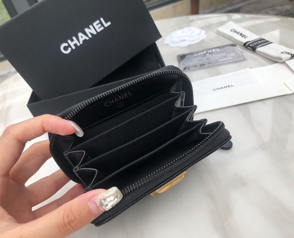 1:1 Replica Chanel CO-CO Boy Chanel Zipped Coin Purse 11cm/4.3in Gold Toned Hardware For Women Black
