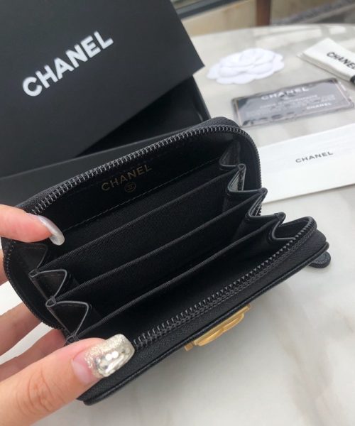 1:1 Replica Chanel CO-CO Boy Chanel Zipped Coin Purse 11cm/4.3in Gold Toned Hardware For Women Black