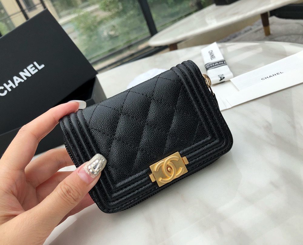 1:1 Replica Chanel CO-CO Boy Chanel Zipped Coin Purse 11cm/4.3in Gold Toned Hardware For Women Black