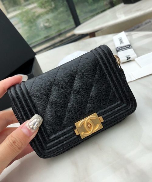 1:1 Replica Chanel CO-CO Boy Chanel Zipped Coin Purse 11cm/4.3in Gold Toned Hardware For Women Black
