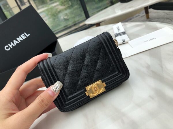 Chanel CO-CO Boy Chanel Zipped Coin Purse 11cm/4.3in Gold Toned Hardware For Women Black