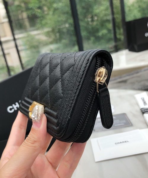 1:1 Replica Chanel CO-CO Boy Chanel Zipped Coin Purse 11cm/4.3in Gold Toned Hardware For Women Black