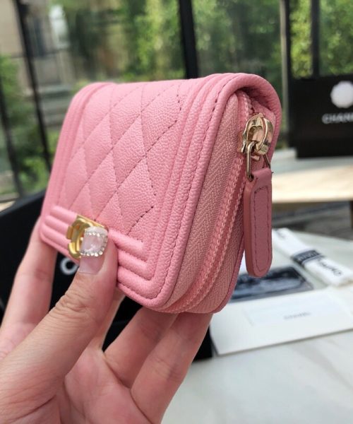 1:1 Replica Chanel CO-CO Boy Chanel Zipped Coin Purse 11cm/4.3in Gold Toned Hardware For Women Pink