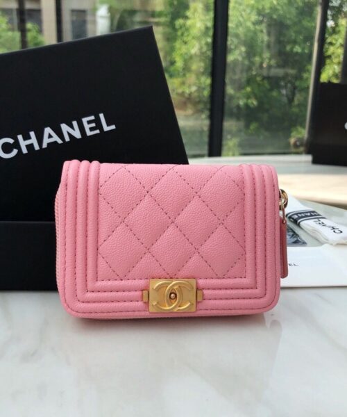 Chanel CO-CO Boy Chanel Zipped Coin Purse 11cm/4.3in Gold Toned Hardware For Women Pink