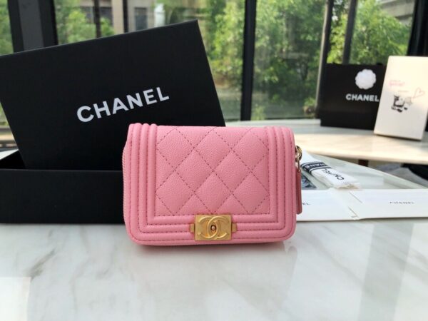 Chanel CO-CO Boy Chanel Zipped Coin Purse 11cm/4.3in Gold Toned Hardware For Women Pink