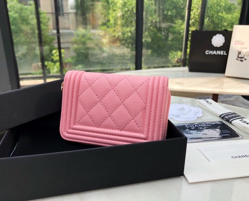 1:1 Replica Chanel CO-CO Boy Chanel Zipped Coin Purse 11cm/4.3in Gold Toned Hardware For Women Pink