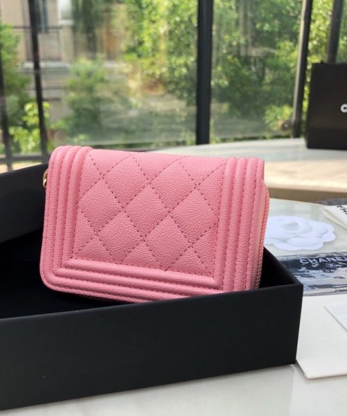 1:1 Replica Chanel CO-CO Boy Chanel Zipped Coin Purse 11cm/4.3in Gold Toned Hardware For Women Pink
