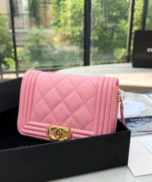 1:1 Replica Chanel CO-CO Boy Chanel Zipped Coin Purse 11cm/4.3in Gold Toned Hardware For Women Pink