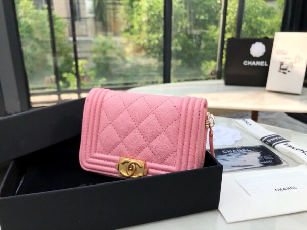 Chanel CO-CO Boy Chanel Zipped Coin Purse 11cm/4.3in Gold Toned Hardware For Women Pink