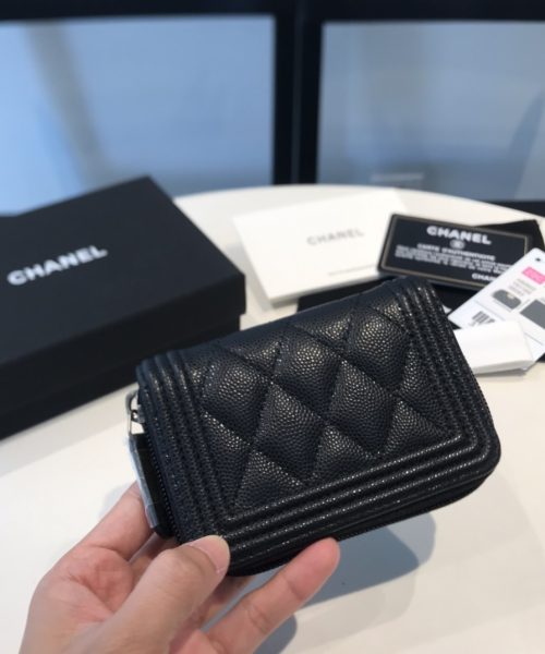 1:1 Replica Chanel CO-CO Boy Flap Card Holder 11.5cm/4.5in Silver Hardware For Women Black