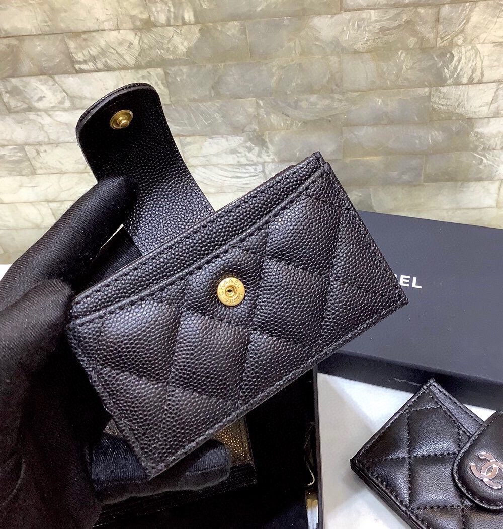 1:1 Replica Chanel CO-CO Card Holder Wallet 10cm/4in Gold Hardware For Women Black