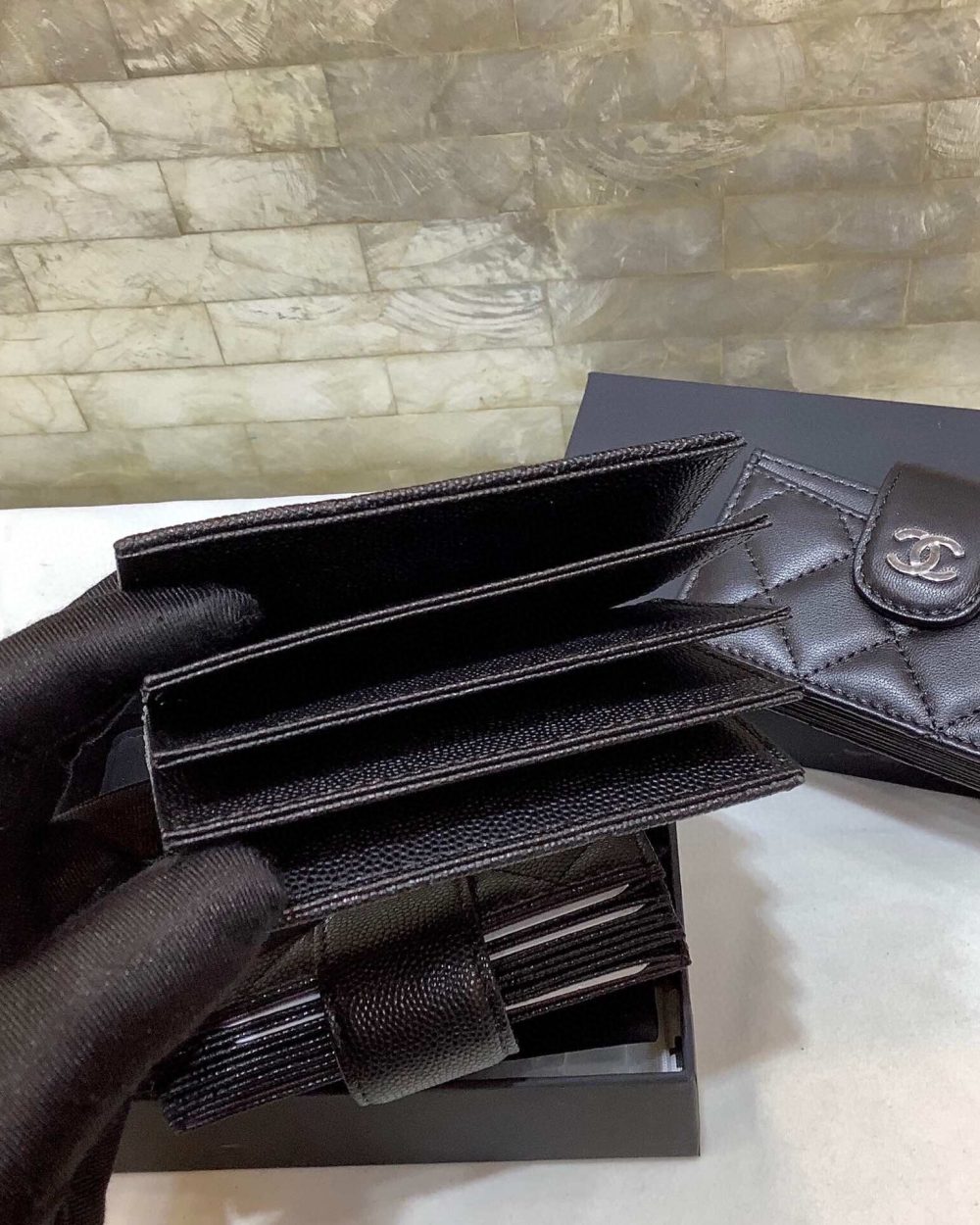 1:1 Replica Chanel CO-CO Card Holder Wallet 10cm/4in Silver Hardware For Women Black