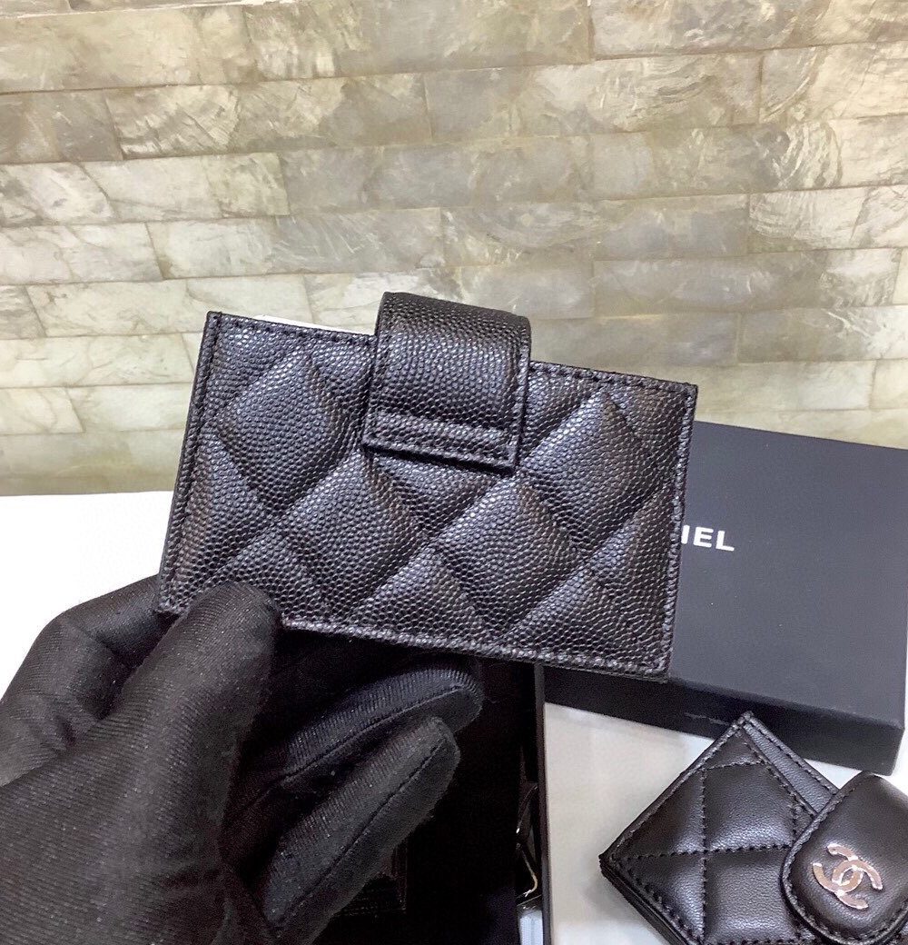 1:1 Replica Chanel CO-CO Card Holder Wallet 10cm/4in Silver Hardware For Women Black