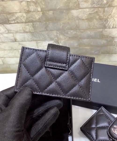 1:1 Replica Chanel CO-CO Card Holder Wallet 10cm/4in Silver Hardware For Women Black