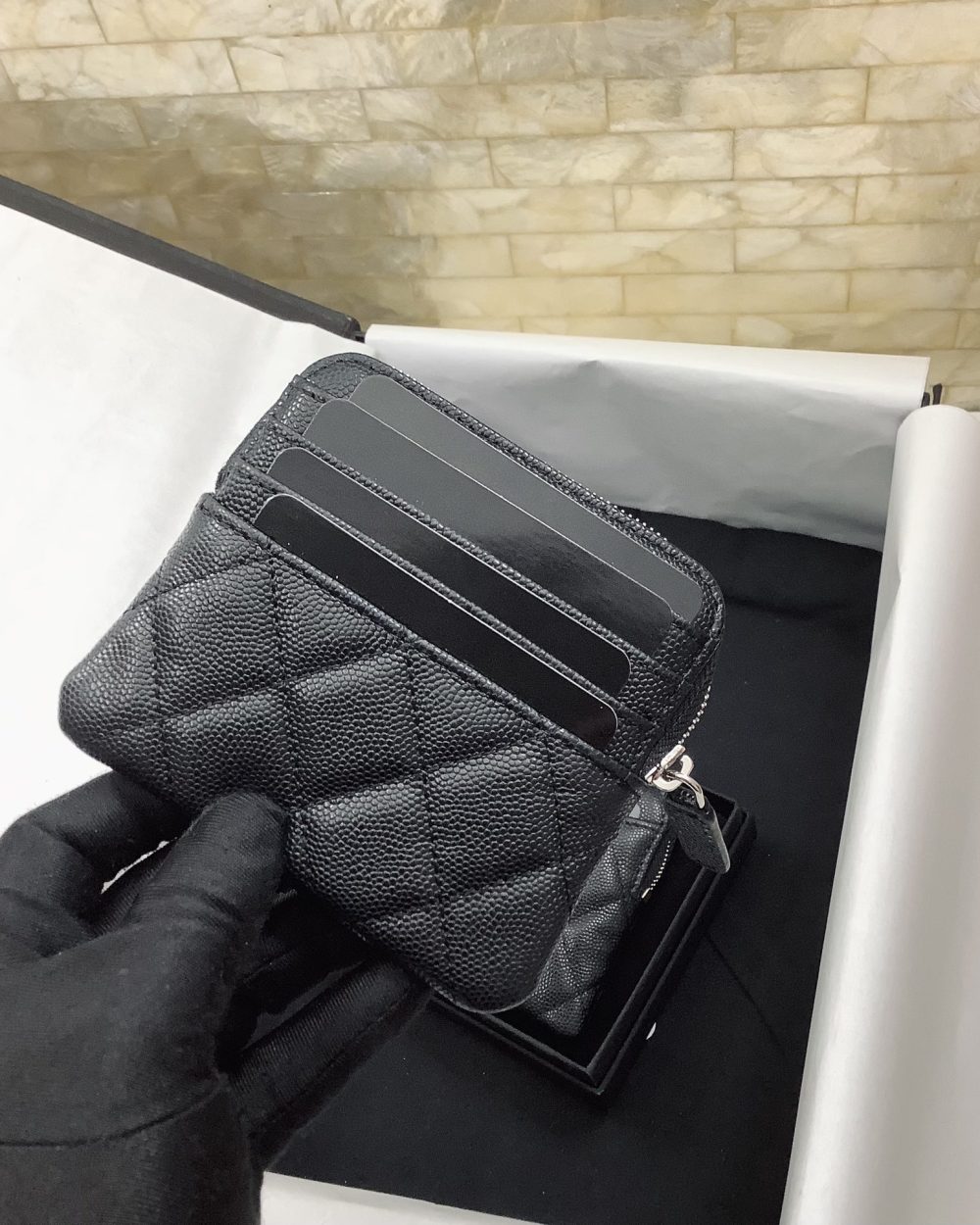 1:1 Replica Chanel CO-CO Classic Card Holder 19cm/7.5in Silver Hardware For Women Black