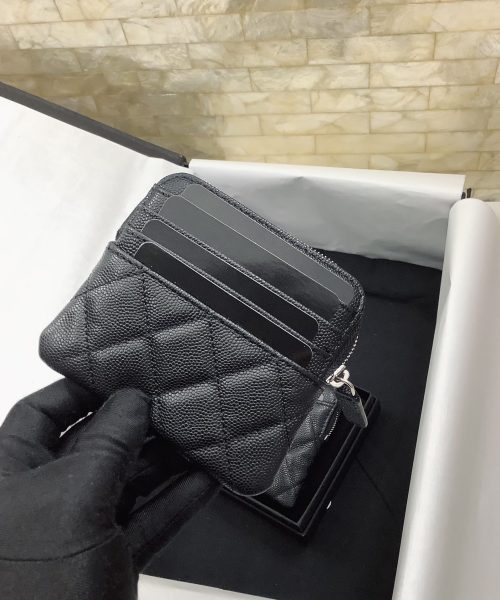 1:1 Replica Chanel CO-CO Classic Card Holder 19cm/7.5in Silver Hardware For Women Black