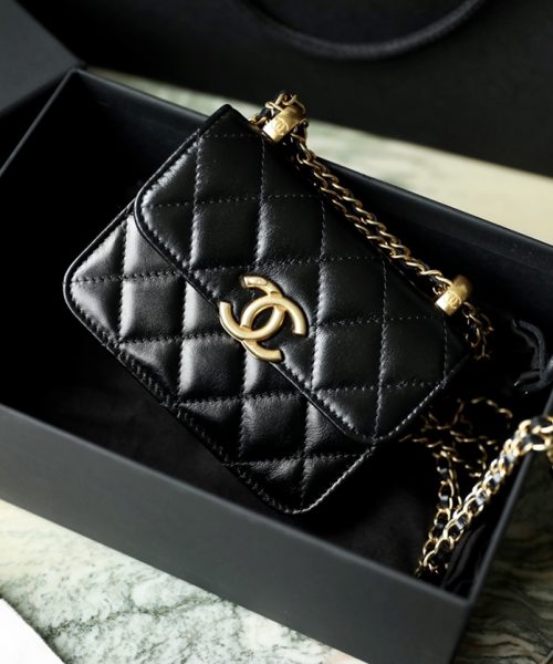 1:1 Replica Chanel CO-CO Clutch With Chain 9.5cm/3.7in Gold Toned Hardware For Women Black