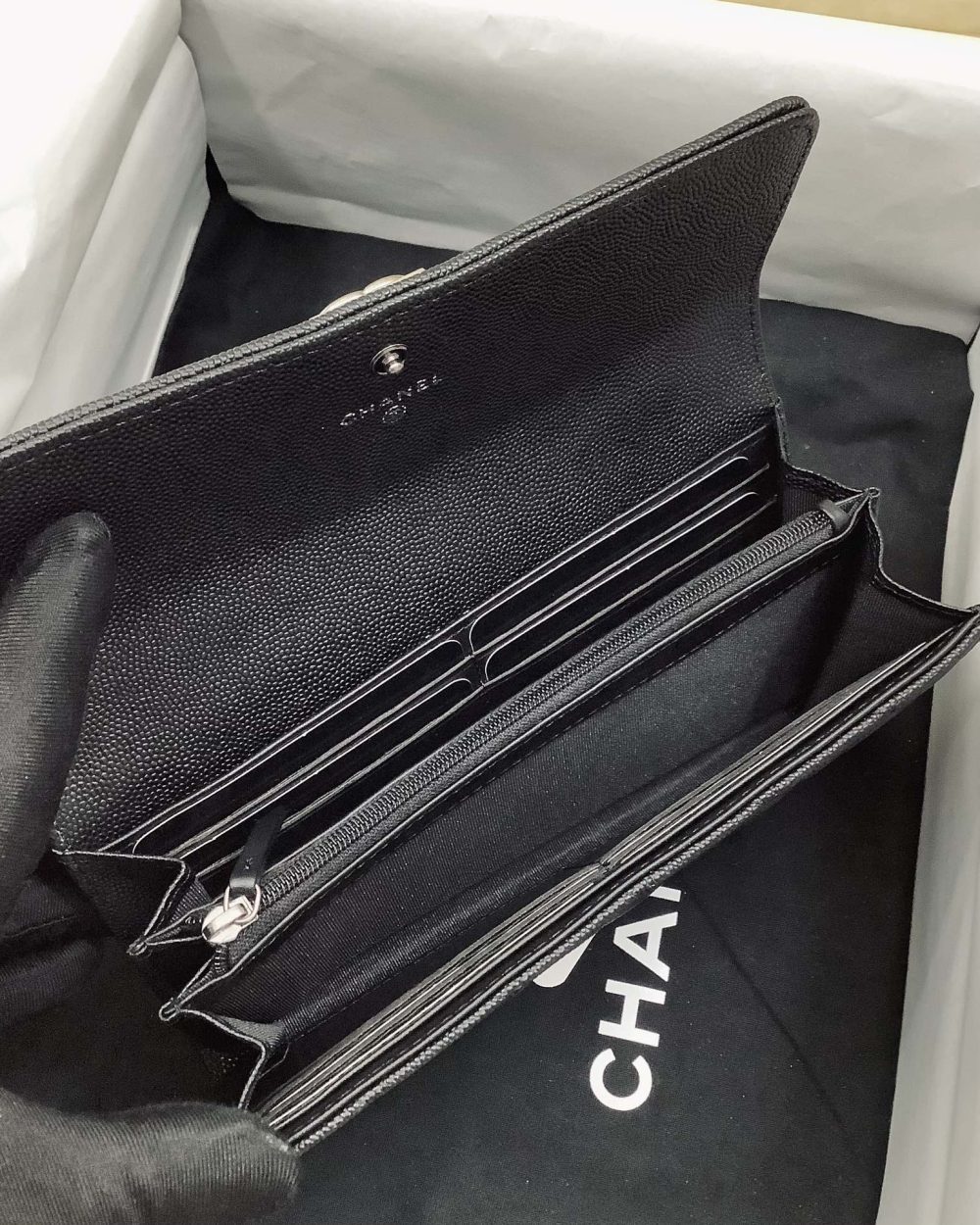 1:1 Replica Chanel CO-CO Long Flap Wallet 19.5cm/7.7in Silver Hardware For Women Black