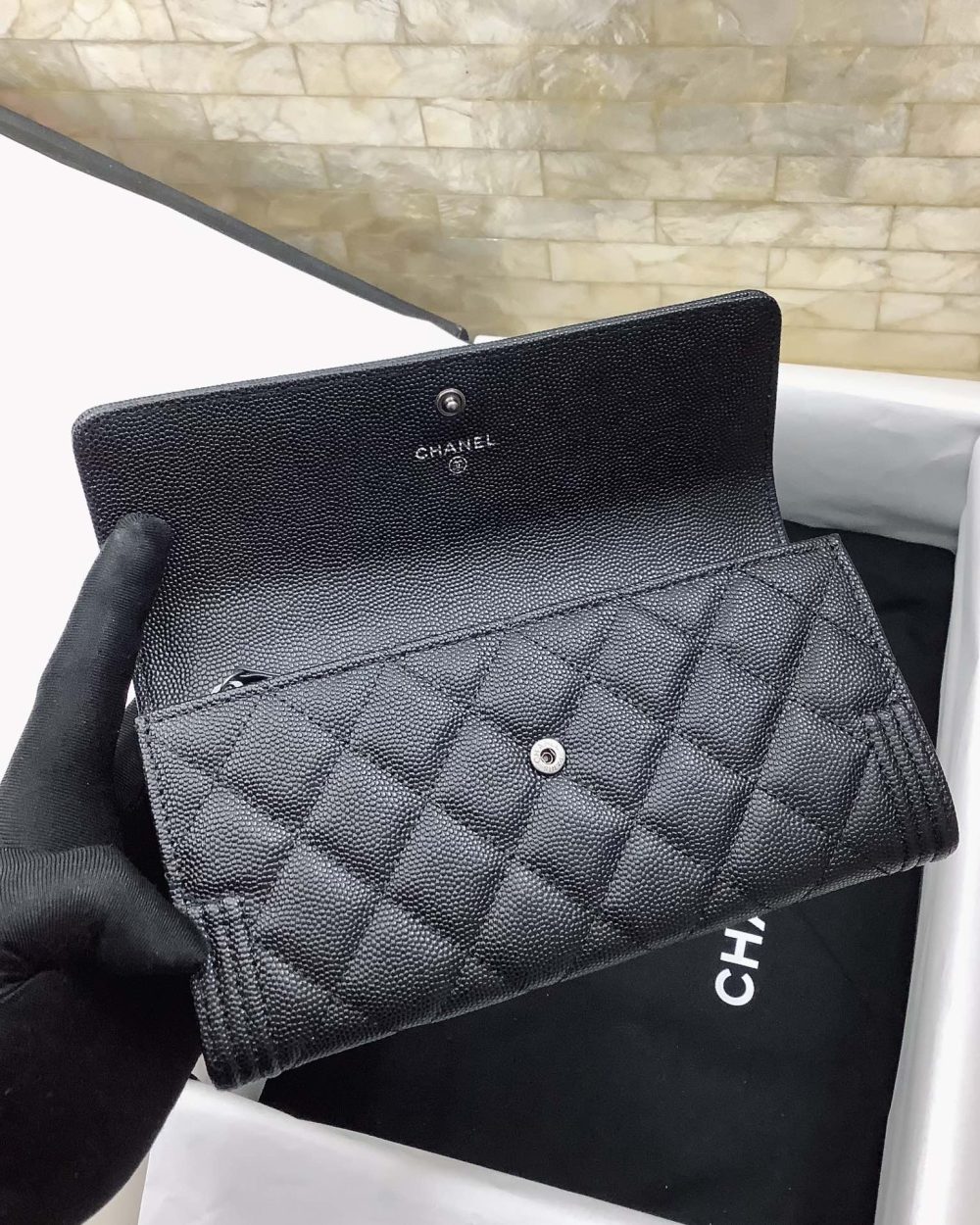 1:1 Replica Chanel CO-CO Long Flap Wallet 19.5cm/7.7in Silver Hardware For Women Black