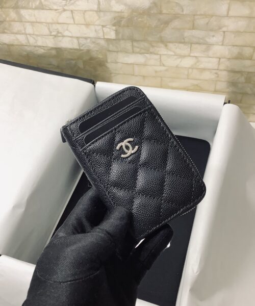 Chanel CO-CO Small Card Holder Wallet 11cm/4.3in Silver Hardware For Women Black