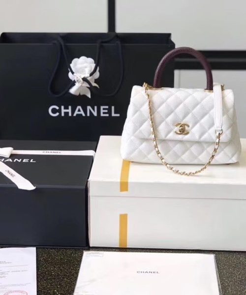 [REP 1:1] Chanel Coco Handle Quilted Lizard Handle Bag 24cm Caviar Leather Gold Hardware Spring/Summer Act 1 Collection, White