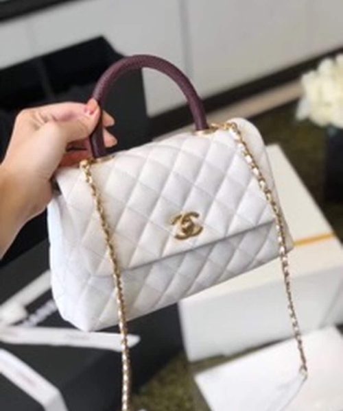 [REP 1:1] Chanel Coco Handle Quilted Lizard Handle Bag 24cm Caviar Leather Gold Hardware Spring/Summer Act 1 Collection, White