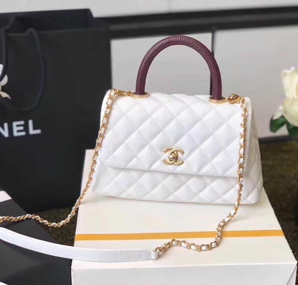 [REP 1:1] Chanel Coco Handle Quilted Lizard Handle Bag 24cm Caviar Leather Gold Hardware Spring/Summer Act 1 Collection, White