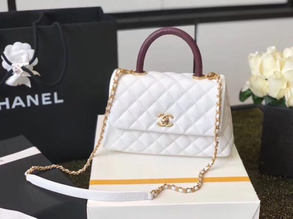[REP 1:1] Chanel Coco Handle Quilted Lizard Handle Bag 24cm Caviar Leather Gold Hardware Spring/Summer Act 1 Collection, White